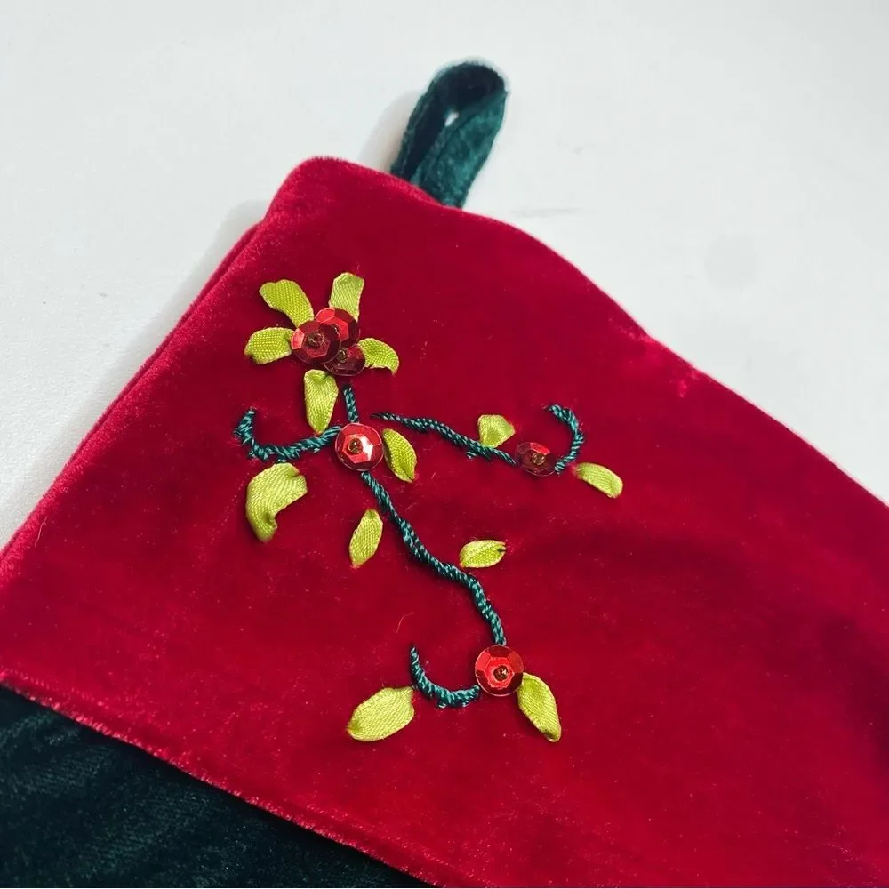 Santa’s Best 3D Red Cardinal on Branch Embroidered Velvet Christmas Stocking